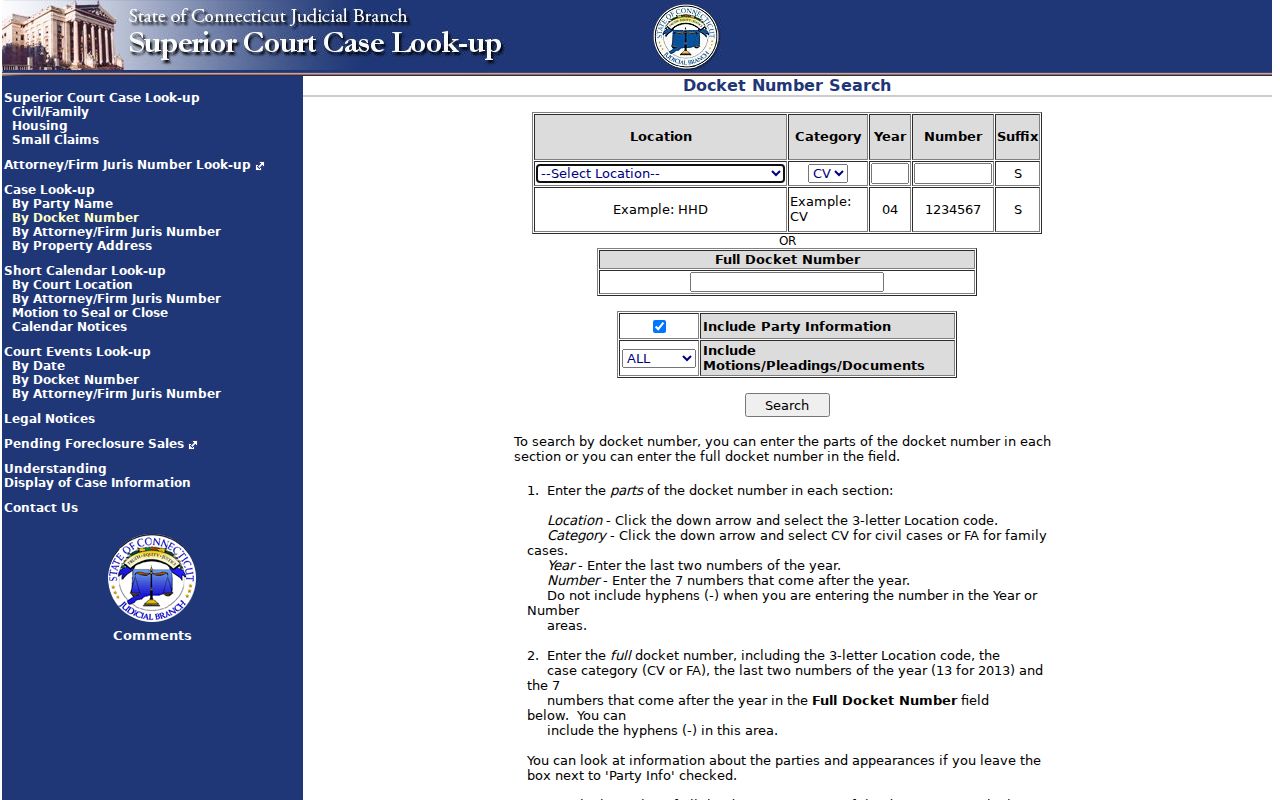 Litchfield County court dockets civil docket search page