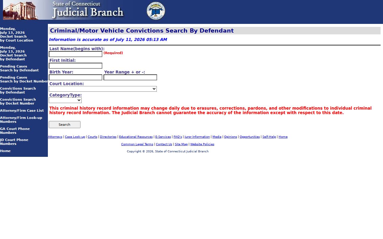 Litchfield County court dockets criminal conviction defendant search