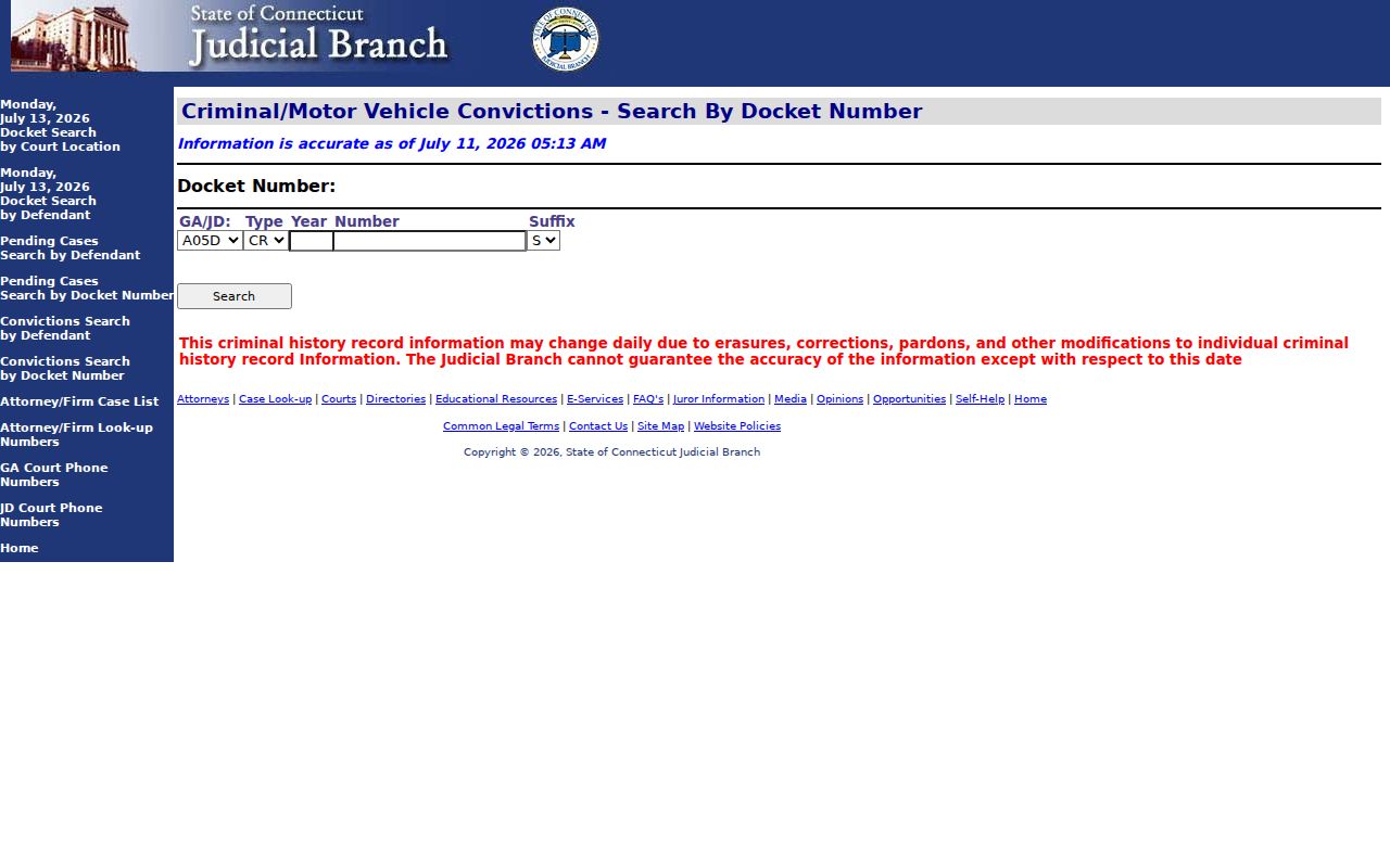 Litchfield County court dockets disposed criminal docket search