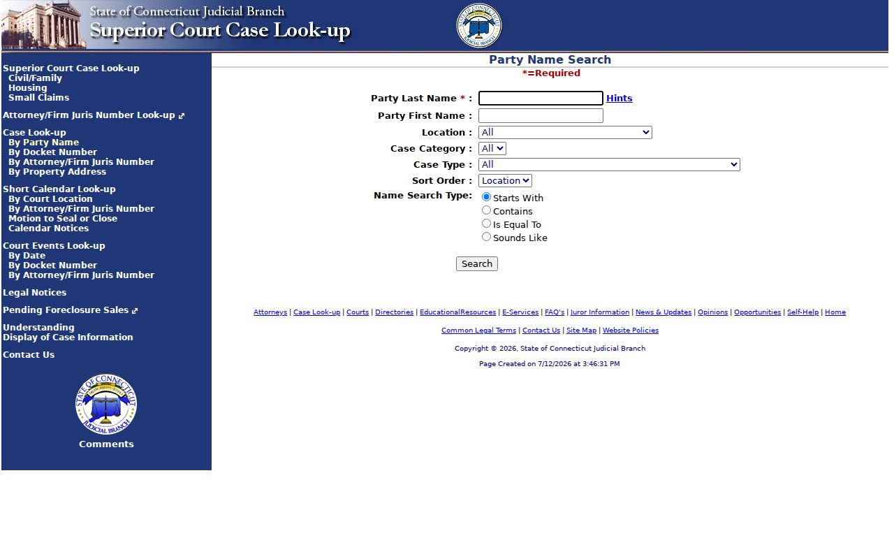 Litchfield County court records civil party search form