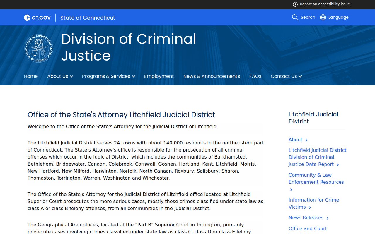 Litchfield County criminal court records State's Attorney page