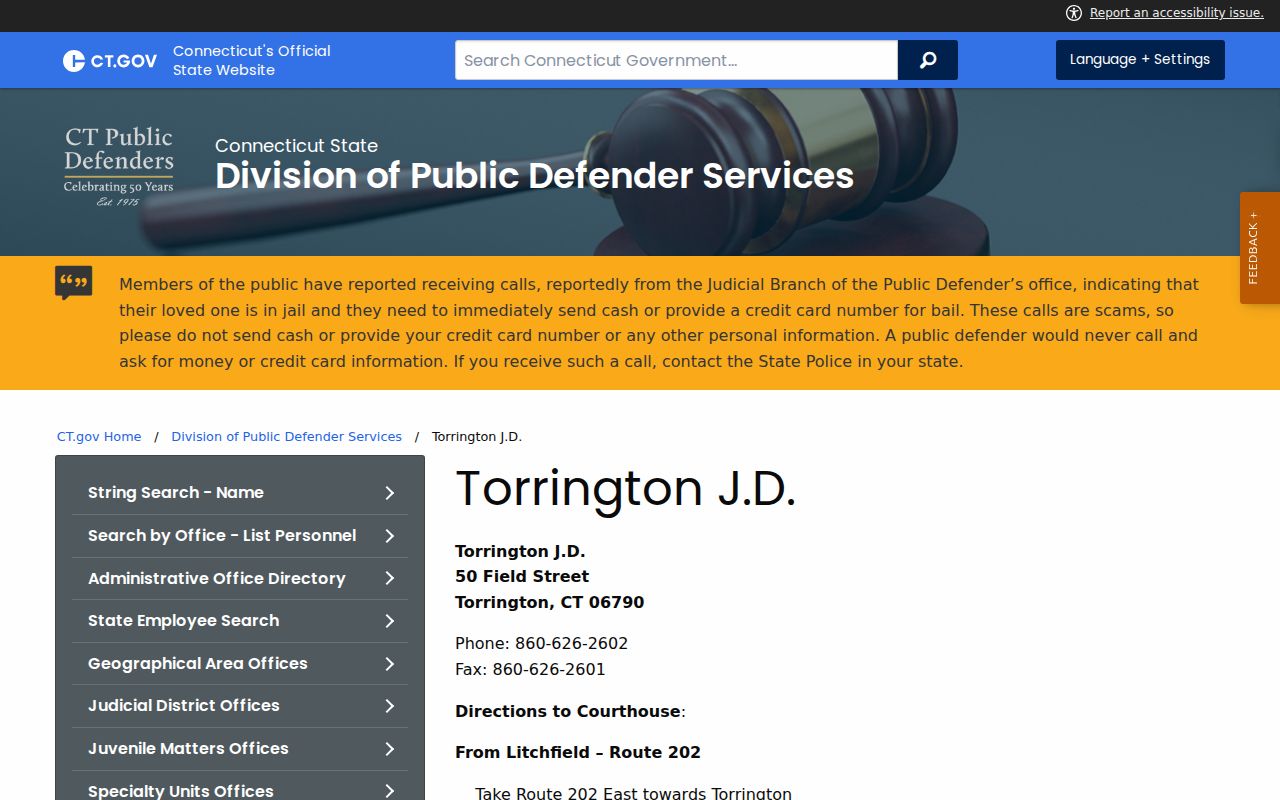 Litchfield County criminal court records public defender office