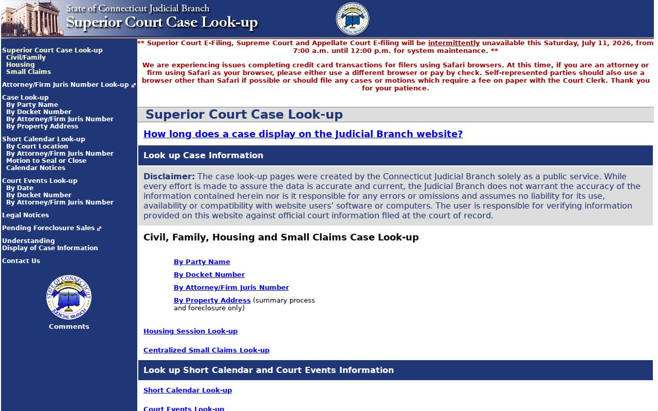 Litchfield County court records civil and family case lookup