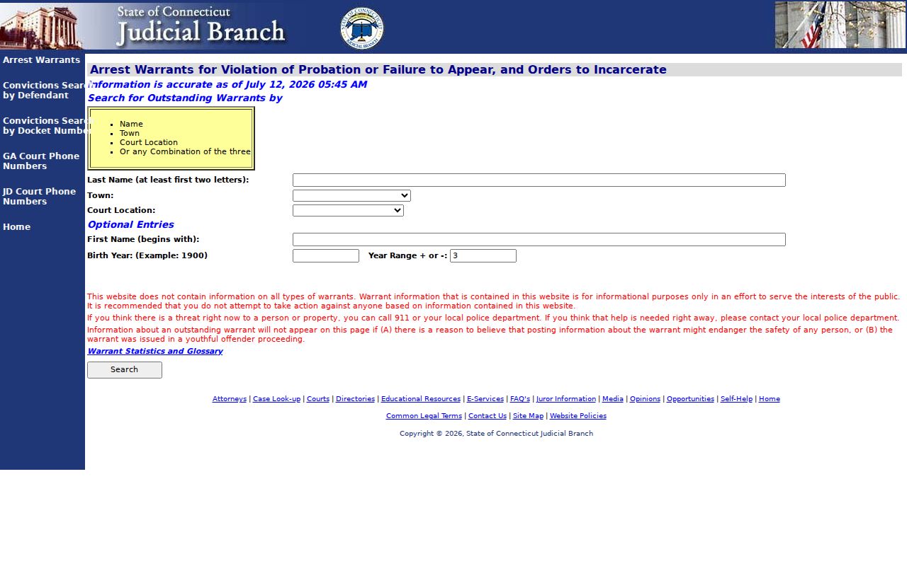 Litchfield County warrant records VOP and failure to appear search