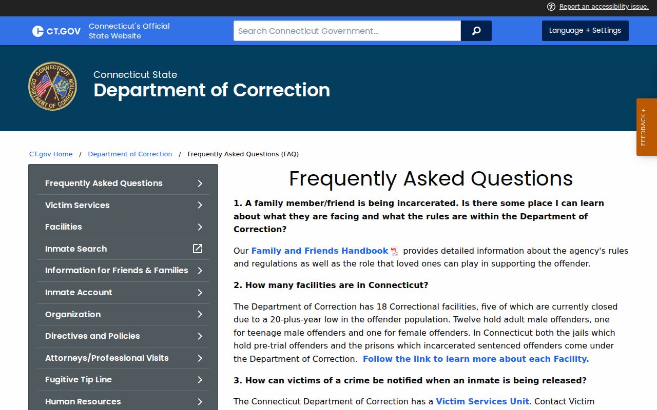 Litchfield County inmate records Connecticut DOC FAQ page