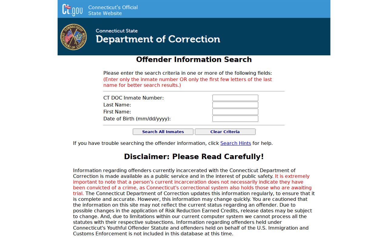 Litchfield County inmate search fields on Connecticut DOC lookup