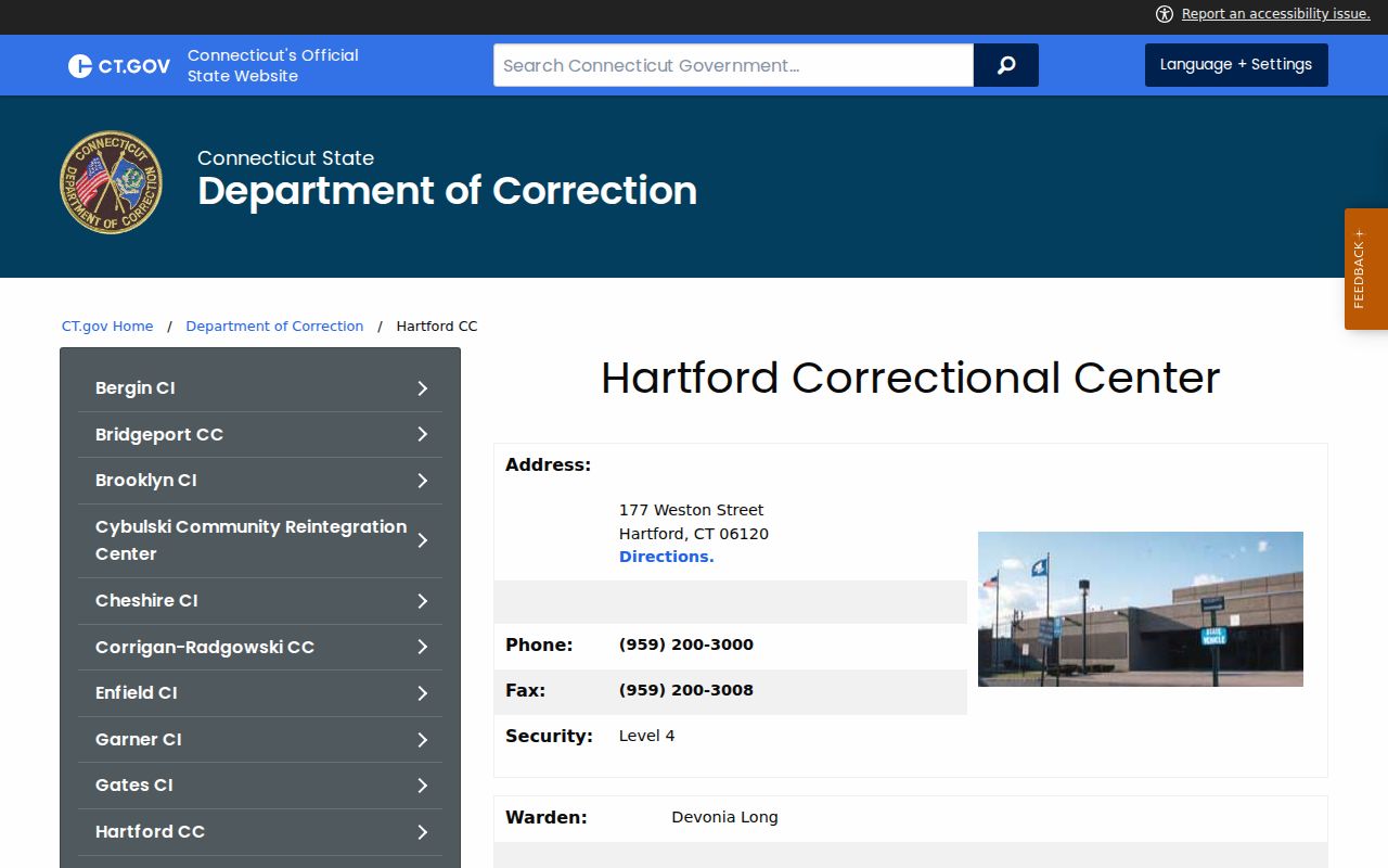 Litchfield County inmate records Hartford Correctional Center facility page