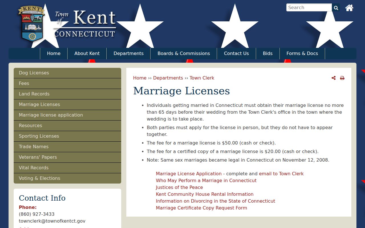 Litchfield County marriage records Town of Kent marriage license page