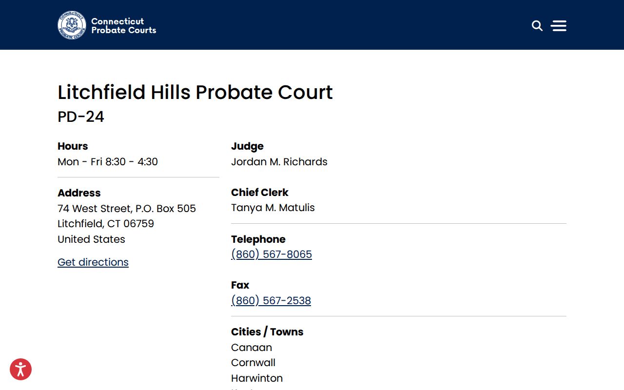Litchfield County Probate Court Litchfield Hills Probate Court page